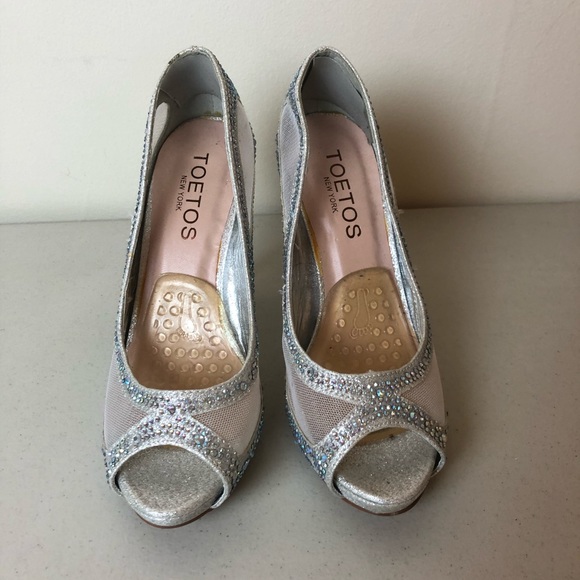 Toetos Peep Toe Silver Rhinestone Sandal Heels 5 - Picture 2 of 5